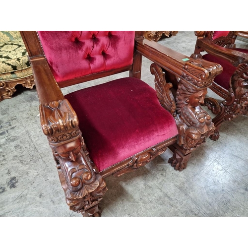 221 - Highly Carved Solid Wood 'Sphinx King' Throne Chair with Padded Red Button Back Studded Fabric Seat ... 