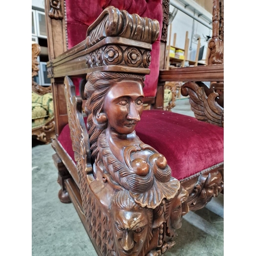 221 - Highly Carved Solid Wood 'Sphinx King' Throne Chair with Padded Red Button Back Studded Fabric Seat ... 