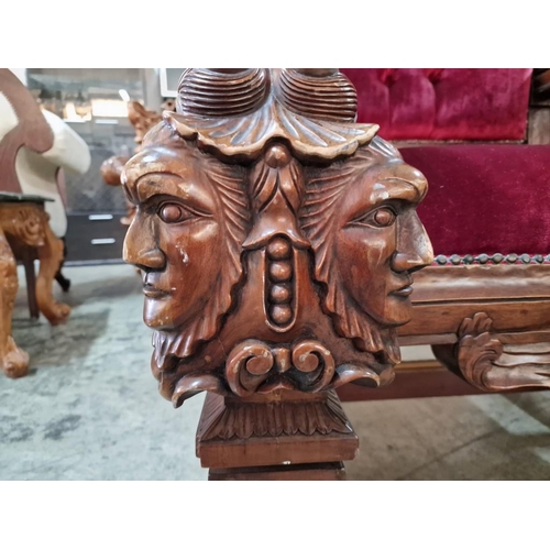 221 - Highly Carved Solid Wood 'Sphinx King' Throne Chair with Padded Red Button Back Studded Fabric Seat ... 