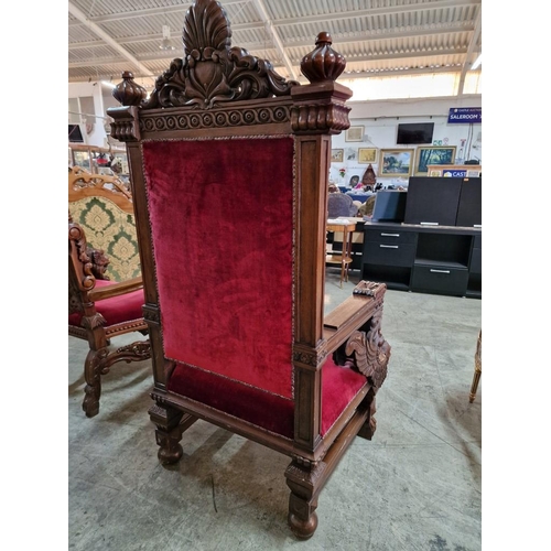 221 - Highly Carved Solid Wood 'Sphinx King' Throne Chair with Padded Red Button Back Studded Fabric Seat ... 