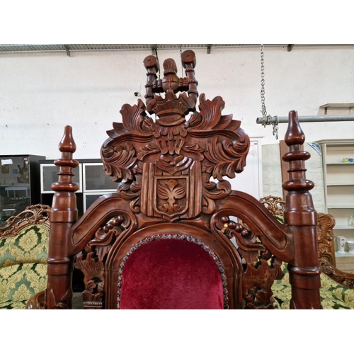 221A - Highly Carved Solid Wood 'Lion King' Throne Chair with Antique Style Back, Padded Red Studded Fabric... 