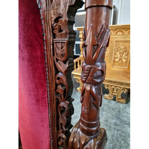 221A - Highly Carved Solid Wood 'Lion King' Throne Chair with Antique Style Back, Padded Red Studded Fabric... 