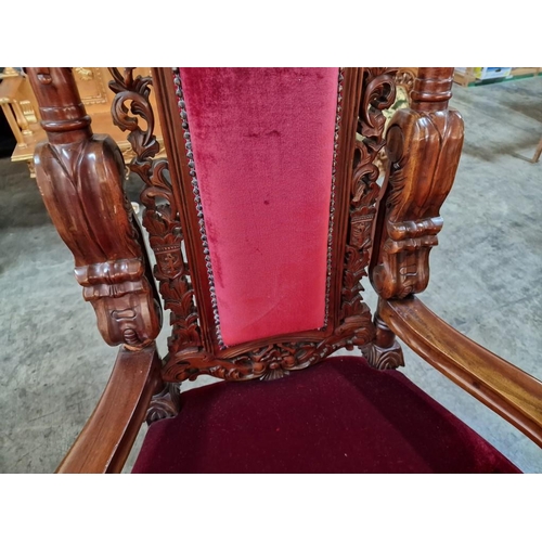 221A - Highly Carved Solid Wood 'Lion King' Throne Chair with Antique Style Back, Padded Red Studded Fabric... 