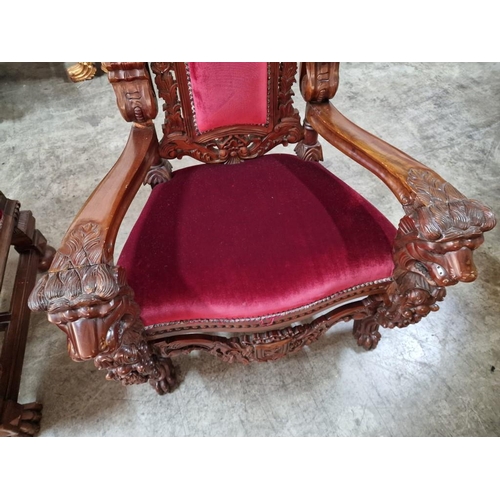 221A - Highly Carved Solid Wood 'Lion King' Throne Chair with Antique Style Back, Padded Red Studded Fabric... 