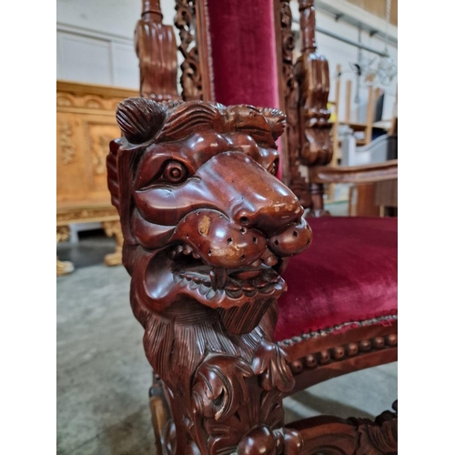 221A - Highly Carved Solid Wood 'Lion King' Throne Chair with Antique Style Back, Padded Red Studded Fabric... 