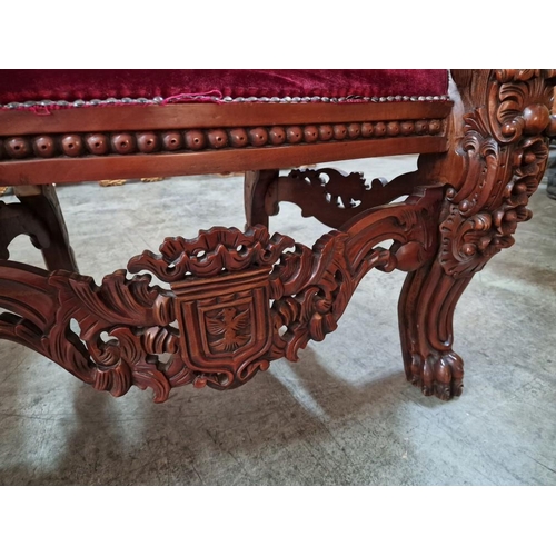 221A - Highly Carved Solid Wood 'Lion King' Throne Chair with Antique Style Back, Padded Red Studded Fabric... 