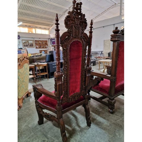 221A - Highly Carved Solid Wood 'Lion King' Throne Chair with Antique Style Back, Padded Red Studded Fabric... 