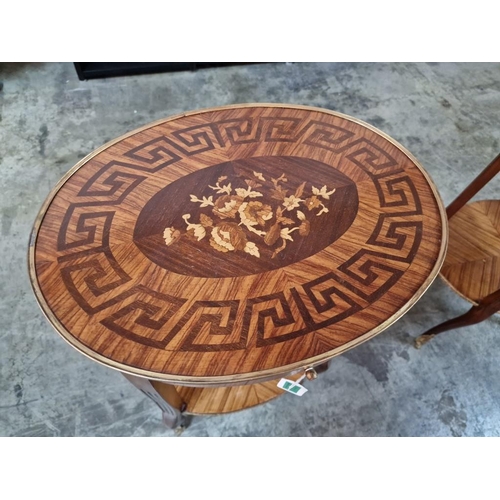 223 - Classical Style Oval Shape Side Table with Decorative Inlaid Top, Drawer, Lower Shelf and Metalwork,... 