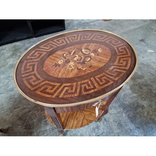 224 - Classical Style Oval Shape Side Table with Decorative Inlaid Top, Drawer, Lower Shelf and Metalwork,... 