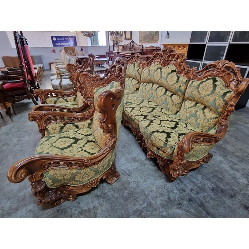 225 - Elaborately Carved Substantial Italian Classical / Chateau Style 3-Piece Suite of 4-Seater Sofa and ... 