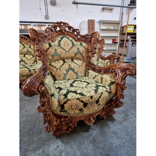 225 - Elaborately Carved Substantial Italian Classical / Chateau Style 3-Piece Suite of 4-Seater Sofa and ... 