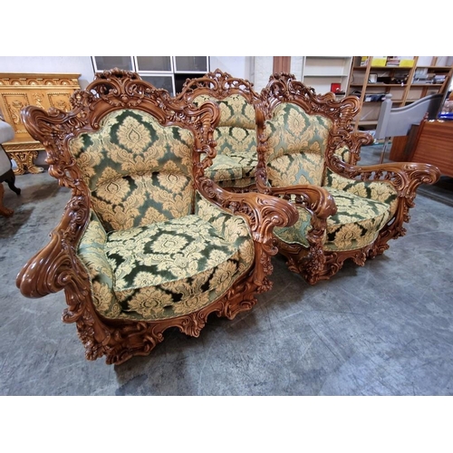 225 - Elaborately Carved Substantial Italian Classical / Chateau Style 3-Piece Suite of 4-Seater Sofa and ... 