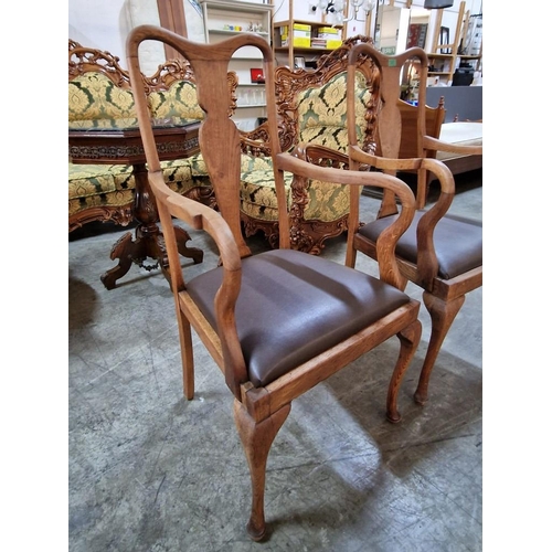 227 - Pair of Antique Queen Anne Style Carver Dining Chairs with Padded Material Seats, (2)