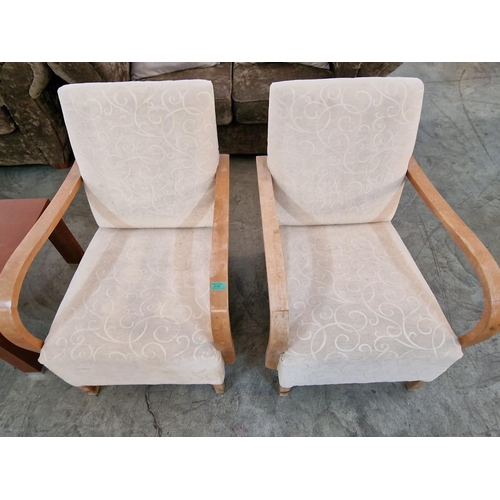 266 - Pair of Vintage / Mid-Century Cream Patterned Fabric Arm Chairs with Curved Wooden Arms, (2)