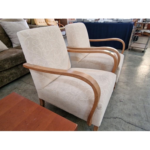 266 - Pair of Vintage / Mid-Century Cream Patterned Fabric Arm Chairs with Curved Wooden Arms, (2)