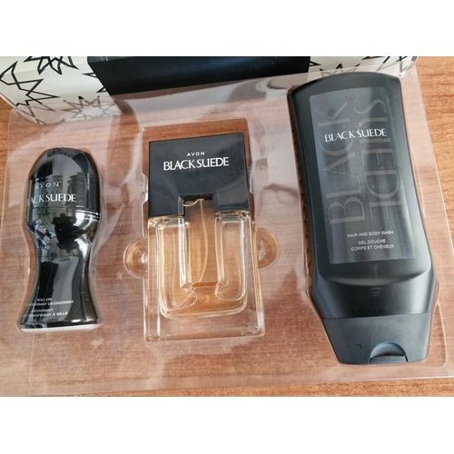 132 - Avon Black Suede Gift Set Collection of Hair & Body Wash, Deodorant and Aftershave with Box