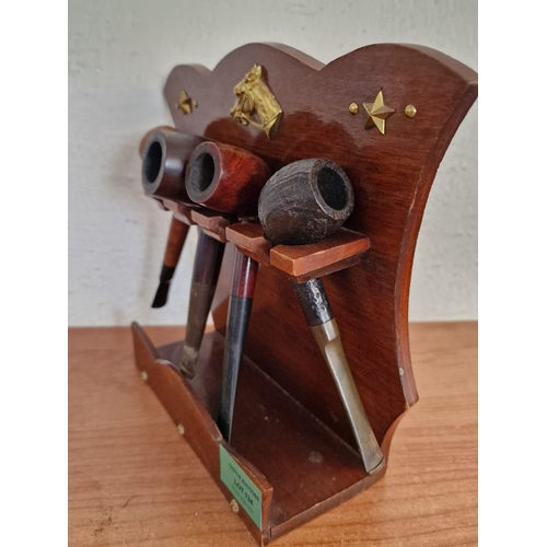 134 - Collection of 4 x Vintage Smoking Pipes on Shaped Wooden Stand with Metal Horse & Star Decorations