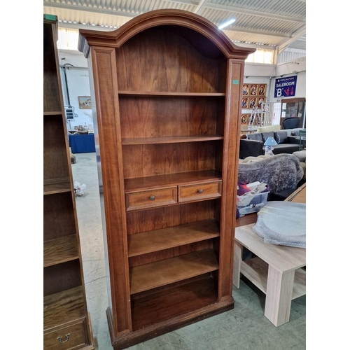 343 - Classical Style Dark Wood Bookcase with Arched Top, 6-Tier with 2 Central Drawers, (Approx. 95 x 31 ... 