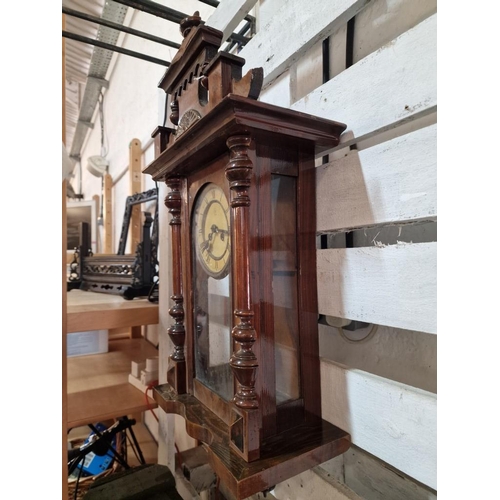 95 - Vintage Wooden Wall Clock with 3-Glass Carved Case with Pendulum Mechanism, Stamped 'B' in a Circle ... 