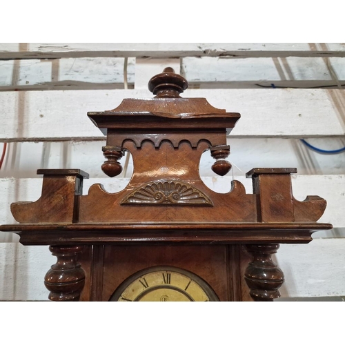 95 - Vintage Wooden Wall Clock with 3-Glass Carved Case with Pendulum Mechanism, Stamped 'B' in a Circle ... 