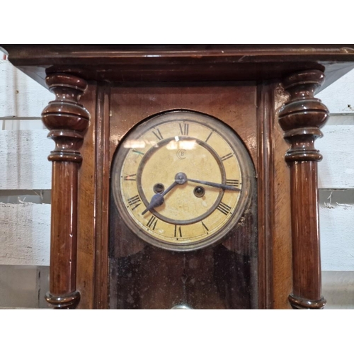 95 - Vintage Wooden Wall Clock with 3-Glass Carved Case with Pendulum Mechanism, Stamped 'B' in a Circle ... 