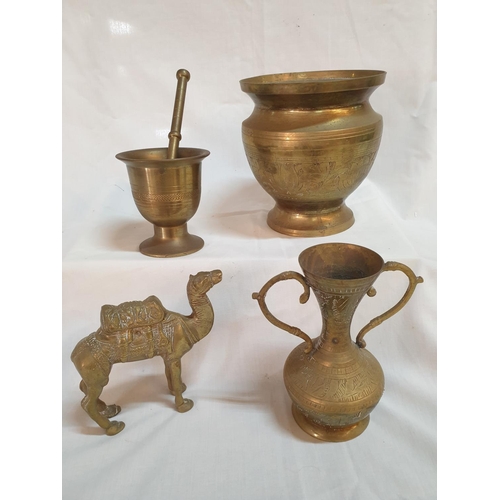 326 - Brass Collection inc; Vase / Plant Pot (H:15, Ø14cm) Mortar (H:9.5, Ø8.5cm) and Pestle (L:16cm) Twin... 