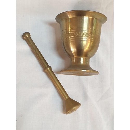 326 - Brass Collection inc; Vase / Plant Pot (H:15, Ø14cm) Mortar (H:9.5, Ø8.5cm) and Pestle (L:16cm) Twin... 