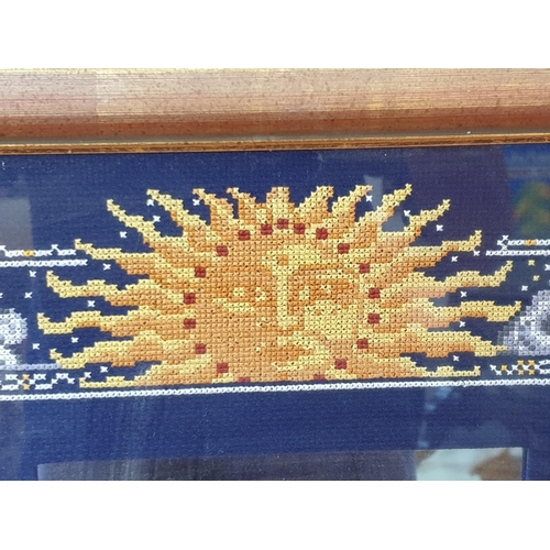 329 - Mirror (15 x 17cm) in Sun and Moon Pattern Embroidered Surround and in Wooden Frame (45 x 45cm)