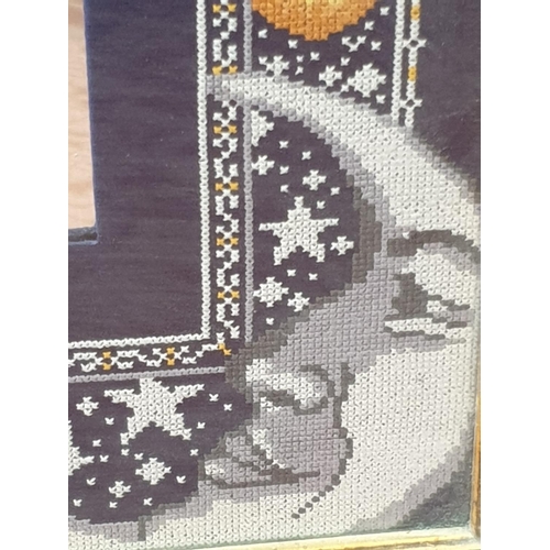 329 - Mirror (15 x 17cm) in Sun and Moon Pattern Embroidered Surround and in Wooden Frame (45 x 45cm)