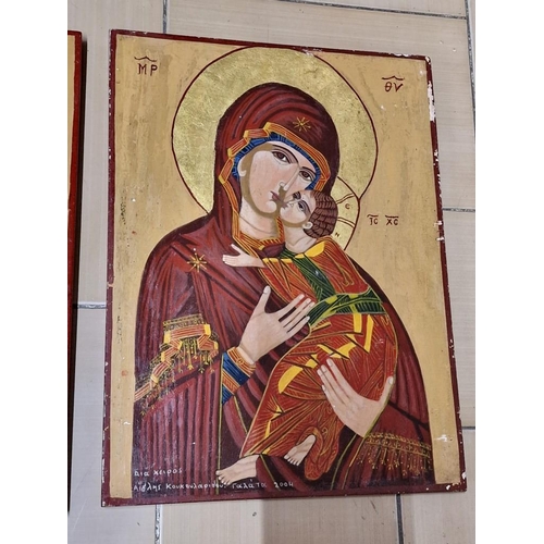 283 - 2 x Hand Painted Icons on Board, Madonna & Baby and Resurrection, by A Koukoularides, (Approx. 30 x ... 