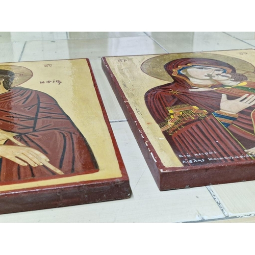 283 - 2 x Hand Painted Icons on Board, Madonna & Baby and Resurrection, by A Koukoularides, (Approx. 30 x ... 