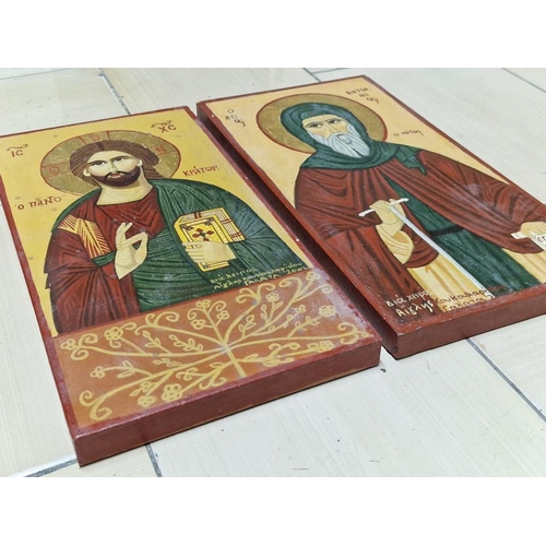 284 - 2 x Hand Painted Icons on Board of Jesus and St Antonios, by A Koukoularides, (Approx. 34 x 17.5cm),... 