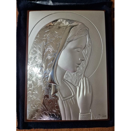 285 - Silver (.925) Embossed Icon of Virgin Mary with Cyprus Assay Hallmark, on Polished Wood in Felt Bag ... 