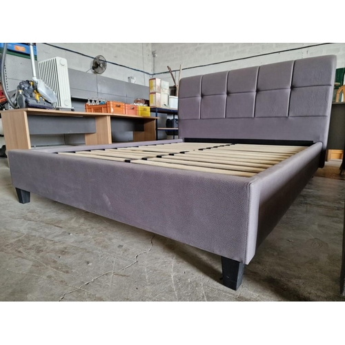 76 - Double Bed with Grey Fabric Padded Surround and Button Back Headboard, (Fit Mattress Approx. 155 x 1... 