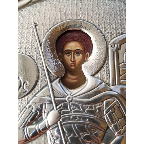 383 - Saint Demetrious or Demetrios of Thessaloniki Silver Hallmark .925 Icon (25 x 19.5cm)