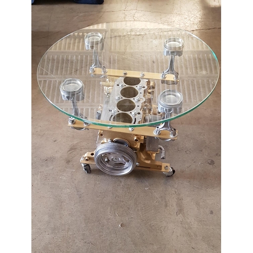 70 - Hand Made Car Engine, Round Glass Top Low Coffee Table (Ø60cm x H:44cm)