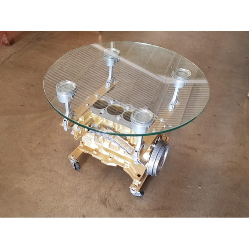 70 - Hand Made Car Engine, Round Glass Top Low Coffee Table (Ø60cm x H:44cm)