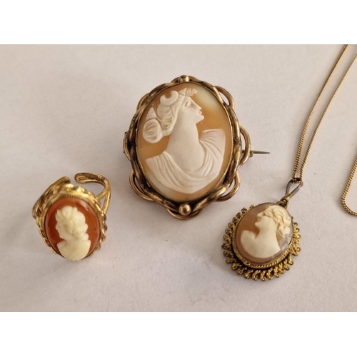 146 - Collection of Cameo Jewelery; Decorative Brooch with Yellow Metal Surround (Approx. H: 43mm), Ring a... 