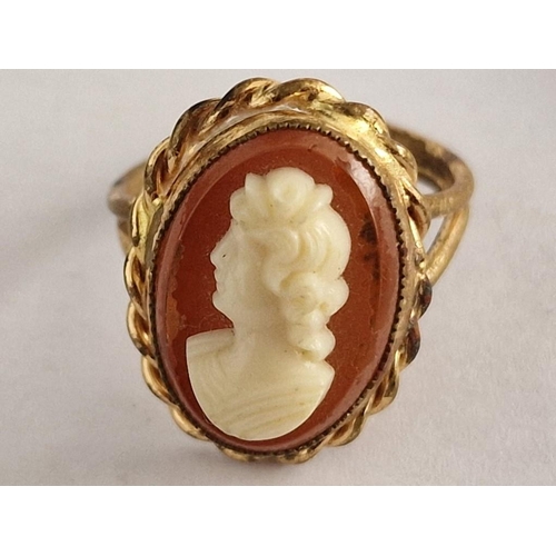 146 - Collection of Cameo Jewelery; Decorative Brooch with Yellow Metal Surround (Approx. H: 43mm), Ring a... 