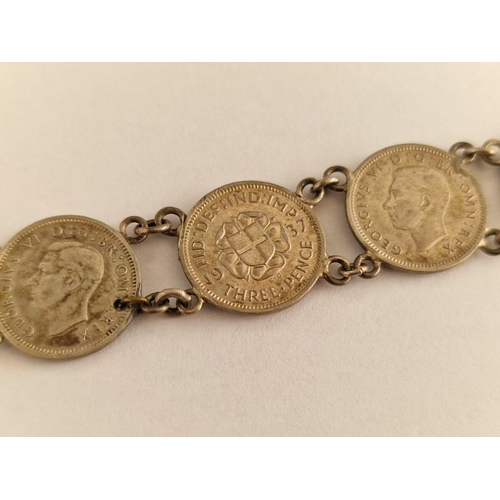 147 - Silver (.500) British Three Pence Coin (x9) Bracelet, (Approx. L: 18cm)