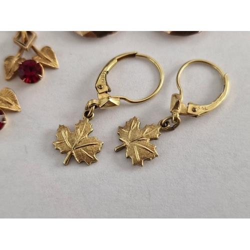 67 - 3 x Pairs of Gold Earring; Maple Leaf, Hanging Leaves with Red Stone and Vintage Hoops, (2 x 9ct and... 