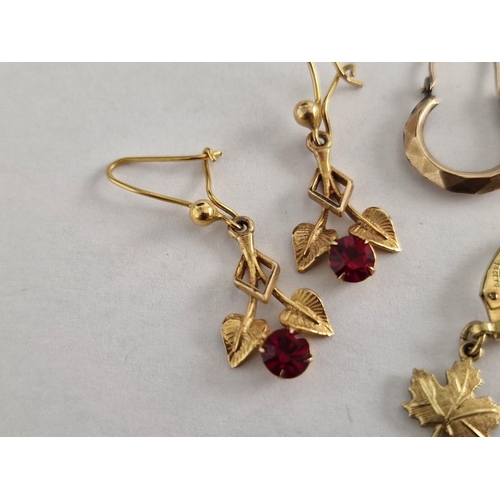 67 - 3 x Pairs of Gold Earring; Maple Leaf, Hanging Leaves with Red Stone and Vintage Hoops, (2 x 9ct and... 