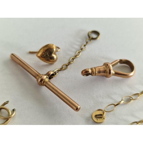 68 - Collection of 9ct Gold Pieces; 'T' Bar and Hook for Albert Watch Chain, 1 x Earring, 2 x Chains (a/f... 