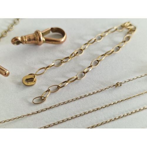 68 - Collection of 9ct Gold Pieces; 'T' Bar and Hook for Albert Watch Chain, 1 x Earring, 2 x Chains (a/f... 