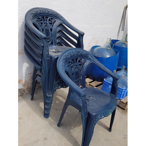 14 - Set of 6 x Blue Plastic Stacking Garden Armchairs in the Antique Style Harp Back Design