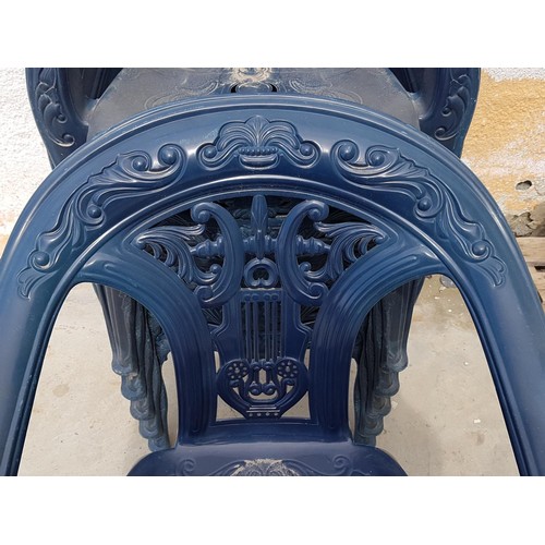 14 - Set of 6 x Blue Plastic Stacking Garden Armchairs in the Antique Style Harp Back Design