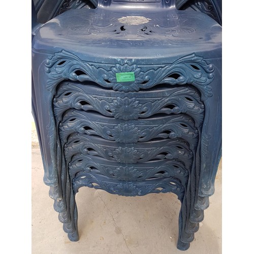 14 - Set of 6 x Blue Plastic Stacking Garden Armchairs in the Antique Style Harp Back Design