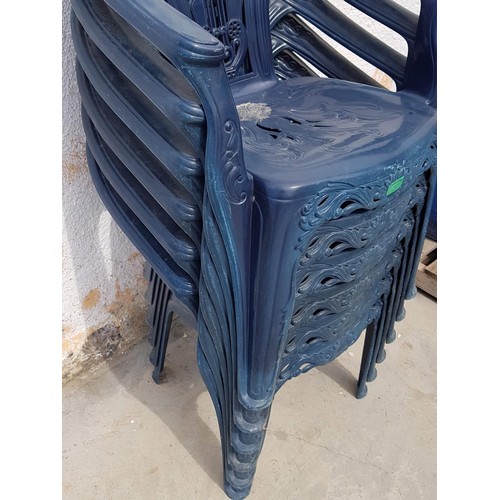 14 - Set of 6 x Blue Plastic Stacking Garden Armchairs in the Antique Style Harp Back Design