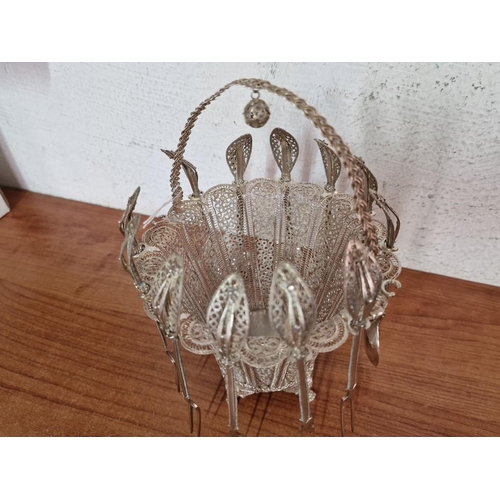 103A - Lefkara Style Silver Filigree Basket, Curved Handle with Hanging Ball, Together with 6 x Matching Fo... 