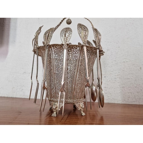 103A - Lefkara Style Silver Filigree Basket, Curved Handle with Hanging Ball, Together with 6 x Matching Fo... 